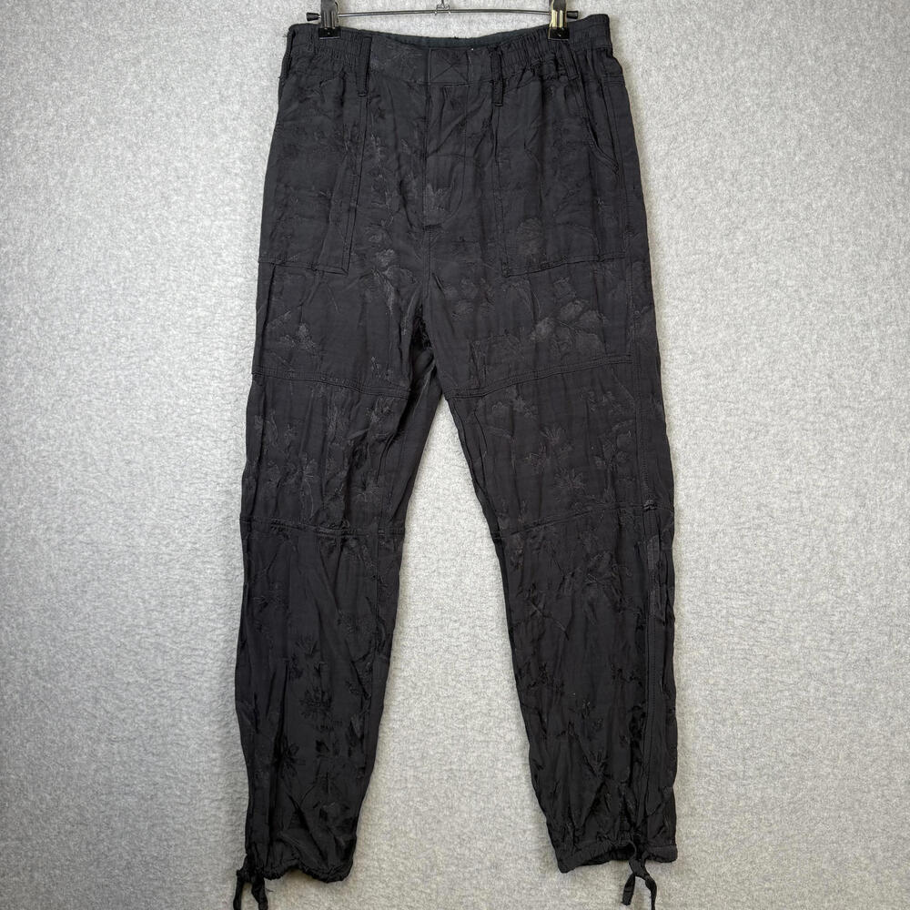 Anthropologie Black Crinkle floral Embroidered Cropped Pocket Pants Viscose XS